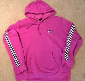 Rue21 Pink Vibe Check Skeleton Graphic Hoodie Sweater Checkerboard Sleeves XL